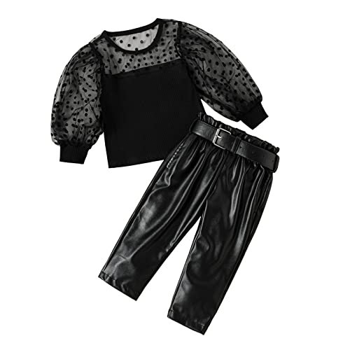 Verve Jelly Kinder Kleinkind Mädchen 3-teiliges Outfit Polka Dot Print Langarm Shirt Top PU-Lederhose mit Gürtel Frühling Herbst Kleidungsset 100 Schwarz 2-3 Jahre von Verve Jelly