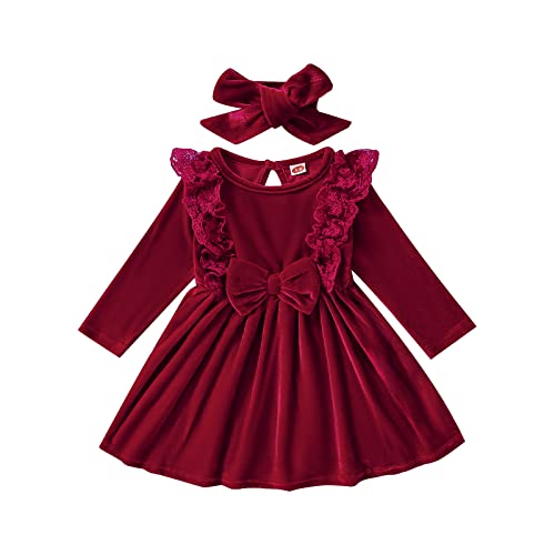 Verve Jelly Kinder Kleinkind Mädchen Fleece Kleid Outfits Rüschen Langarm Fleece Spitzenkleider mit Bowknot Stirnband Herbst Winter Prinzessin Kleid Set 92 Weinrot 18-24 Monate von Verve Jelly