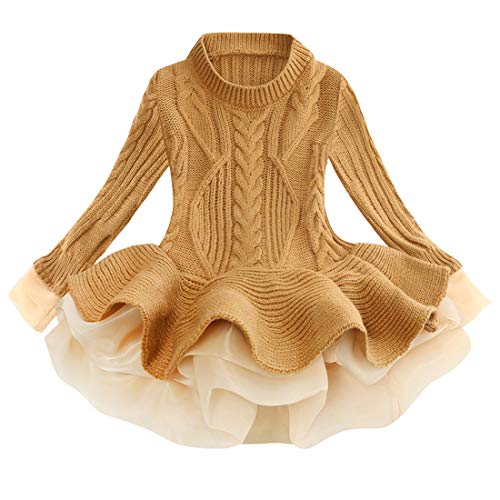 Verve Jelly Kinder Mädchen Strickpullover Kleid Langarm Winter Pullover Tutu Kleid Plissee Tops Kleinkind Rüschen Kleid Braun, 140,7-8 Jahre von Verve Jelly