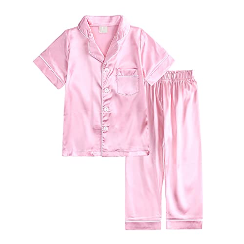 Verve Jelly Kinder-Pyjama-Set für Jungen und Mädchen Satin einfarbig kurzärmelig Button-Down-Hemd Oberteile + Hose Loungewear 2-teilig Pyjama Nachtwäsche 160 Stil A Rosa 12–13 Jahre von Verve Jelly