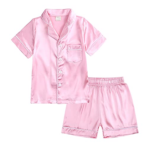 Verve Jelly Kinder-Pyjama-Set für Jungen und Mädchen Satin einfarbig kurzärmelig Button-Down-Hemd Oberteile + Hose Loungewear 2-teilig Pyjama Nachtwäsche 160 Stil B Rosa 12–13 Jahre von Verve Jelly