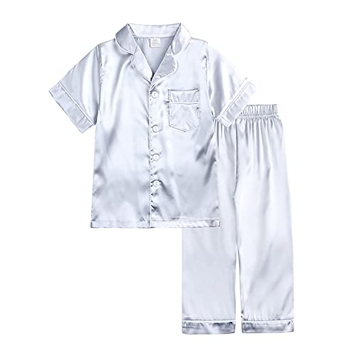 Verve Jelly Kinder-Pyjama-Set für Kleinkinder kurzärmlig Button-Down-Hemd Oberteil Hose Nachtwäsche Mädchen Jungen Pyjama Nachtwäsche 160 Stil A Silber 12–13 Jahre von Verve Jelly