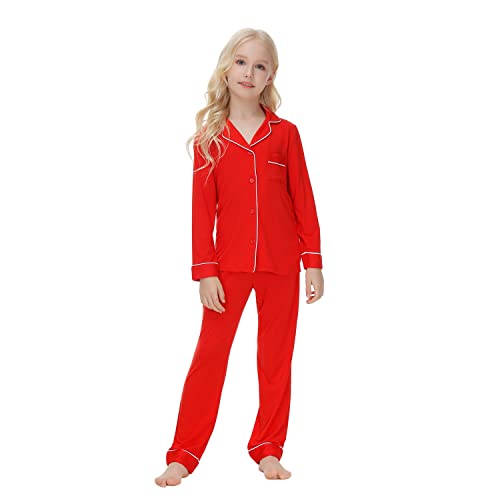 Verve Jelly Kinder-Satin-Pyjama für Mädchen und Jungen - Button-Down-Nachtwäsche Langärmelig 2-teilig - Lounge-Set Rot 120 5-6 Jahre von Verve Jelly