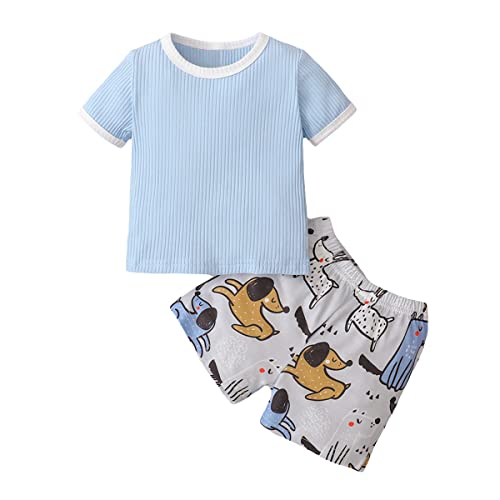 Verve Jelly Kleinkind Baby Junge Sommerkleidung Gerippte Baumwolle Outfit Kurzarm Geripptes Oberteil Elastische Hose Kurz Set 2 Stück 80 Blau 9-12 Monate von Verve Jelly