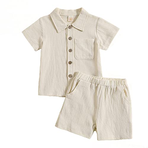 Verve Jelly Kleinkind Baby Jungen Kleidung Solide Baumwolle Leinen Kurzarm T-Shirt Knopf Tops + Kurze Hosen 2 Stücke Sommer Outfits Set Beige 110 2-3 Jahre von Verve Jelly