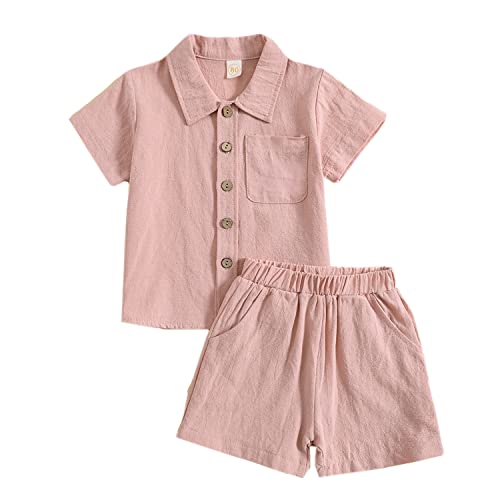 Verve Jelly Kleinkind Baby Jungen Kleidung Solide Baumwolle Leinen Kurzarm T-Shirt Knopf Tops + Kurze Hosen 2 Stücke Sommer Outfits Set Rosa 110 2-3 Jahre von Verve Jelly