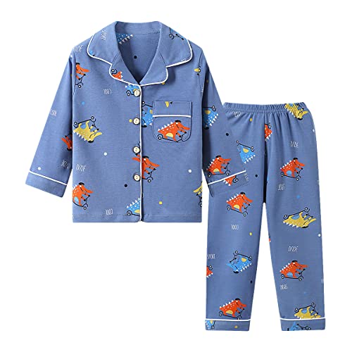 Verve Jelly Kleinkind Baby Jungen Langarm Top Dinosaurier Druck Knopf Hemd und Lange Hose Baumwolle 2 Stück Pyjama Sets Blau 2 110 3-4 Jahre von Verve Jelly