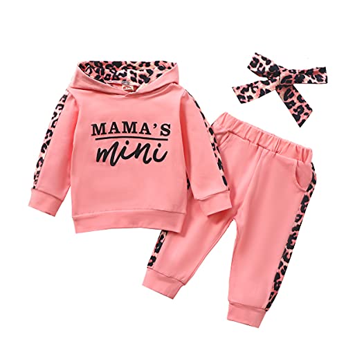 Verve Jelly Kleinkind Baby Jungen Mädchen Hoodie Outfits Buchstabendruck Sweatshirt Tops Leopard Jogger Panst mit Kopfbedeckung 3-teiliges Herbst-Winter-Kleidungs-Set, rose, 6-12 Months von Verve Jelly