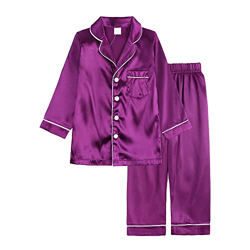 Verve Jelly Kleinkind Baby Jungen Mädchen Satin Seide Pyjama Set Langarm Button-Down Oberteile Hosen 2-teilig Nachtwäsche PJs für Kinder Lila 150 10-11 Jahre von Verve Jelly