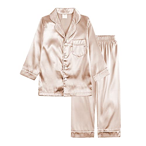 Verve Jelly Kleinkind Baby Jungen Mädchen Satin Seide Pyjama Set Langarm Button-Down Oberteile Hosen 2-teilig Nachtwäsche Pyjamas für Kinder Rose Gold 150 10-11 Jahre von Verve Jelly