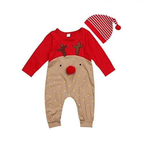 Verve Jelly Kleinkind Baby Jungen Mädchen Weihnachten Outfits Langarm Red Nose Rentier Strampler Overall + Hut 2 Stück Weihnachtspyjamas Set Rot 100 18-24 Monate von Verve Jelly