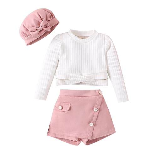 Verve Jelly Kleinkind Baby MäDchen Herbst Winter Rock Set Geripptes Langarm T-Shirt Strickoberteil & Knopf Kurze RöCke Hosen Schleife MüTze 3-Teiliges Outfit Rosa 80 6-12 Monate von Verve Jelly