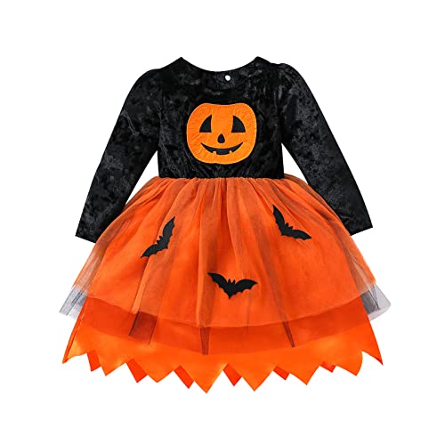 Verve Jelly Kleinkind Baby Mädchen Halloween Kleid Kürbis Kleidung Rüschen Patchwork Kürbis Fledermaus bedruckt Rock Kleid Herbst Winter Kleidung Set Schwarz 90 2-3 Jahre von Verve Jelly