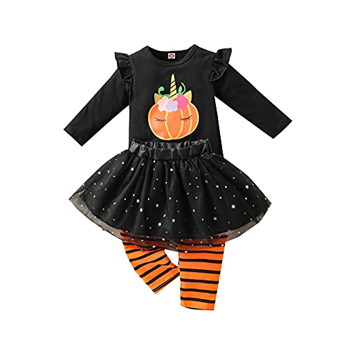 Verve Jelly Kleinkind Baby Mädchen Halloween Outfits Langarm Kürbis T-Shirt Rüschenoberteil Tüll Tutu Rock und Gestreifte Hose 3 Stück Set Schwarz A 110 2-3 Jahre von Verve Jelly