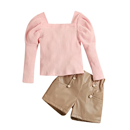 Verve Jelly Kleinkind Baby Mädchen Herbst Winter Kleidung Puff Langarm Rippstrick Shirt Tops + Leder Shorts 2pcs Outfits Fashion Set 90 Rosa 2-3 Jahre von Verve Jelly