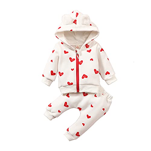 Verve Jelly Kleinkind Baby Mädchen Hoodie Set Herz Print Reißverschluss Mantel Outwear Tops Jogger Hosen 2 Stück Herbst Winter Kleidung Outfit Weiß 0-3 Monate von Verve Jelly