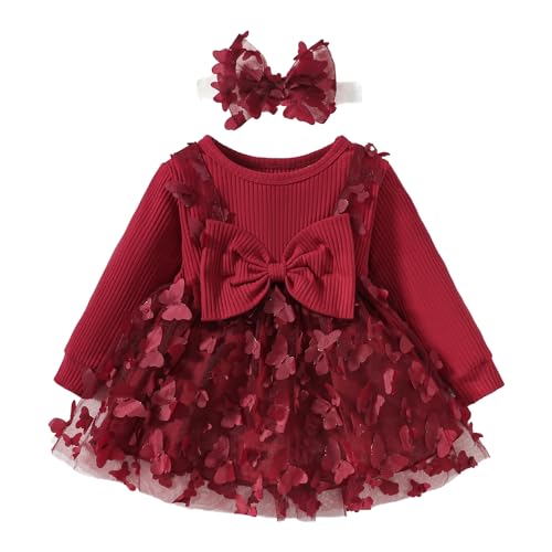 Verve Jelly Kleinkind Baby Mädchen Kleid Kleidung Langarm geripptes Strickkleid Rüschen Prinzessin Partykleider Herbst Winter Outfits mit Stirnband Weinrot 9–12 Monate von Verve Jelly