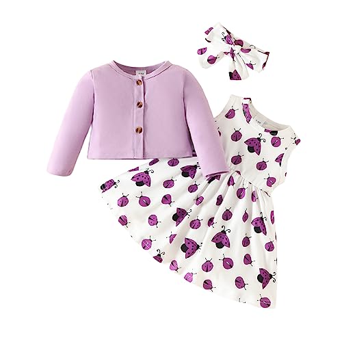 Verve Jelly Kleinkind Baby Mädchen Kleid und Strickjacken-Set, bedrucktes ärmelloses Kleid und einfarbiger Langarmmantel mit Stirnband-Set 3-teiliges Outfit-Set Lila 12-18 Monate. von Verve Jelly