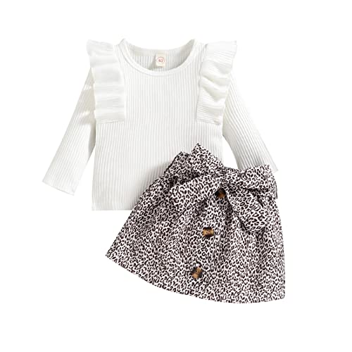 Verve Jelly Kleinkind Baby Mädchen Kleidung Langarm Solide Strickoberteile Rüschen T-Shirt Mini A-Linie Rock Leopardenkleid 2 Stück Herbst Winter Outfit Set Weiß 90 12-18 Monate von Verve Jelly