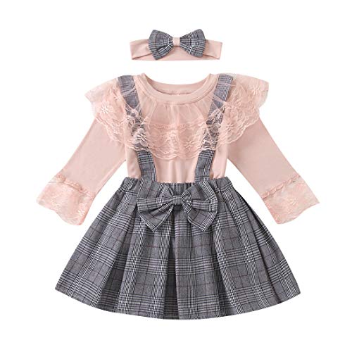 Verve Jelly Kleinkind Baby Mädchen Kleidung Outfit Baumwolle Spitze Langarmhemden Tops mit Kariertem Strapsrock Mädchen Gesamt-Outfit-Set, Rosa, 90, 1-2 Jahre von Verve Jelly