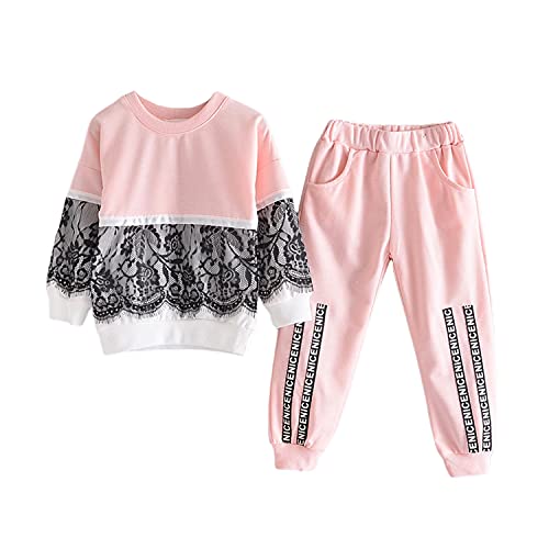 Verve Jelly Kleinkind Baby Mädchen Kleidung Spitze Patchwork Langarm Sweatshirt Pullover Tops Hosen 2PCS Outfit Herbst Winter Kleidung Set Rosa 130 5-6 Jahre von Verve Jelly