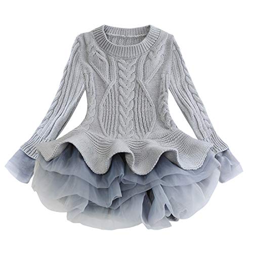 Verve Jelly Kleinkind Baby Mädchen Leinen Kleid Rüschen Langarm Knopf Bowknot Freizeitkleider Prinzessin Party Tutu Kleid Grau, 100,18-24 Monate von Verve Jelly