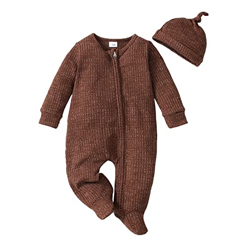 Verve Jelly Kleinkind Baby Mädchen Overall Strampler mit Fuß Gestrickt Onesie Langarm Overall Einteiliger Reißverschluss Body mit Hut Braun 80 6-12 Monate von Verve Jelly