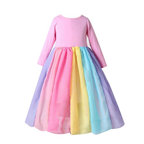 Verve Jelly Kleinkind Baby Mädchen Regenbogen Kleid Langarm Spleiß Regenbogen Tüll Plissee Prinzessin Langkleider Herbstkleidung A-Rosa 100 2-3 Jahre von Verve Jelly