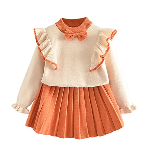 Verve Jelly Kleinkind Baby Mädchen Rock Set Langarm Strickpullover Shirts Plissee Miniröcke Outfits Herbst Winter Kleidung Orange 130 5-6 Jahre von Verve Jelly