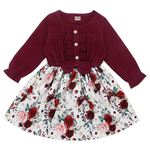 Verve Jelly Kleinkind Baby Mädchen Rüschen Blumenkleid Langarm Strickoberteil Blumen Patchwork Herbst Rock Kleidung Outfits,90,12-18 Monate von Verve Jelly