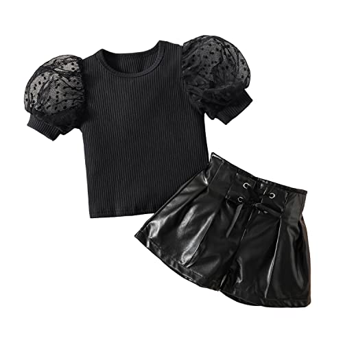 Verve Jelly Kleinkind Baby Mädchen Shorts Outfit Kurze Puffärmel Strickbluse Tops PU Leder Shorts 2 Stücke Frühling Sommer Kleidung Set Schwarz 90 1-2 Jahre von Verve Jelly