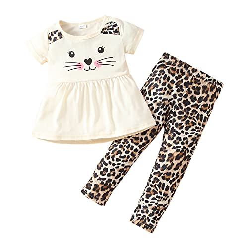 Verve Jelly Kleinkind Baby Mädchen Sommerkleidung Kurzarm Katzendruck Tunika Kleid Top T-Shirt mit Leoparden Lange Hosen 2 Stücke Herbst Outfits Set Beige 110 3-4 Jahre von Verve Jelly