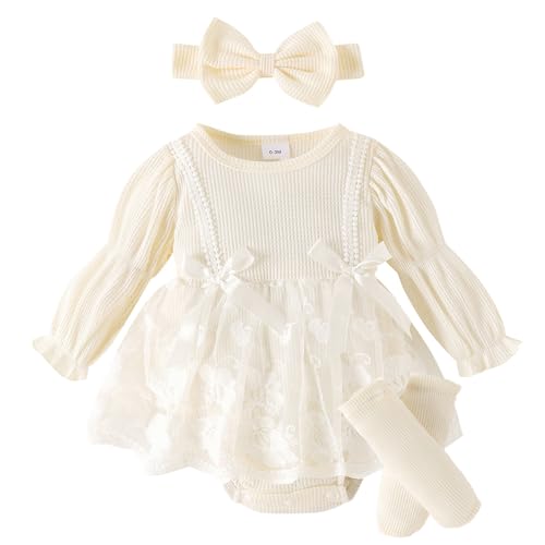 Verve Jelly Kleinkind Baby Mädchen Stramplerkleid Langarm gerüscht Jumpsuits Röcke Saum Bodys Tüllrock mit Stirnband Socken Beige 3-6 Monate von Verve Jelly