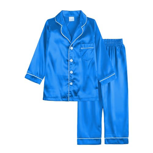 Verve Jelly Kleinkind-Baby-Pyjama-Set aus Satin-Seide Langarm-Button-Down-Oberteil Hose 2-teiliger Schlafanzug für Kinder 110 Blau 2 3–4 Jahre von Verve Jelly