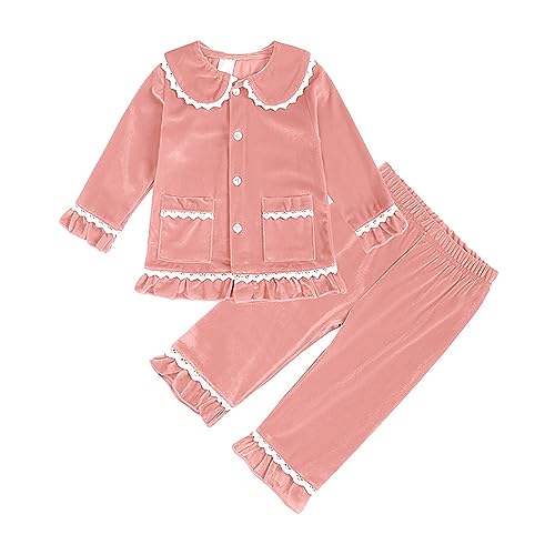 Verve Jelly Kleinkind Kinder Baby Mädchen Einfarbige Pjs Set Rüschen Langarm Knopfleiste Hemd Top und Hose Fleece 2-teiliger Schlafanzug Outfit Rosa2 140 8-9 Jahre von Verve Jelly