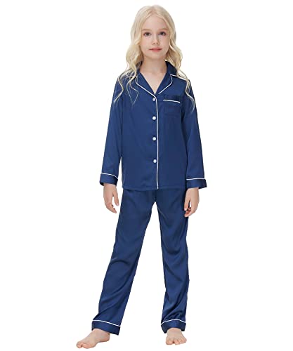 Verve Jelly Kleinkind Kinder Jungen Langarm Schlafanzug Herbst Lounge Set 2 Stück Kleine Große Mädchen Jungen Button Down Shirt Tops + Lange Hosen Satin Pjs Marineblau 150 11 12 Jahre von Verve Jelly