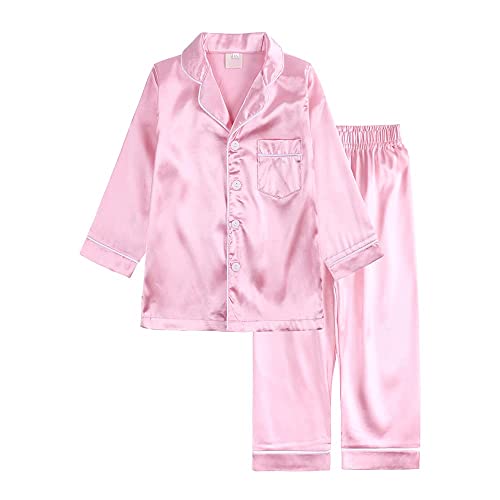 Verve Jelly Kleinkind Kinder Langarm Schlafanzug Herbst Lounge Set 2 Stück Little Big Mädchen Jungen Button Down Shirt Tops + Lange Hose Satin Pjs Rosa 120 4-5 Jahre von Verve Jelly