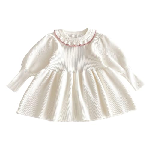 Verve Jelly Kleinkind Mädchen Pulloverkleider Baby Langarm Rüschen Gestrickte Winterkleider für Mädchen Lässig Einfarbig Kinder Herbstkleid Weiß 80 6–12 Monate von Verve Jelly