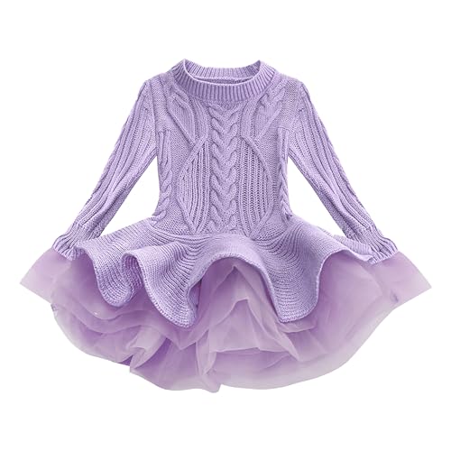 Verve Jelly Langarmkleider für kleine Mädchen, Geripptes Strickpulloverkleid für Kinder, Herbst-Winter, Häkelpullover, Mini-Tutu-Kleid, warme Outfits, Kleidung, Lila, 140, 7–8 Jahre von Verve Jelly