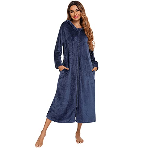 Verve Jelly Langer Kapuzen-Bademantel für Damen Flanell Soft Fleece Roben Winter Warm Housecoat Nachthemd Nachtwäsche Pyjamas Navy Blau XXL von Verve Jelly