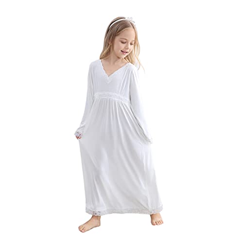 Verve Jelly Mädchen Nachthemden Langarm Vintage Baumwolle Nachtwäsche Voller Länge Spitze Nachthemd für Kinder Prinzessin Pyjama Schlafkleid Weiß 140 8-9 Jahre von Verve Jelly