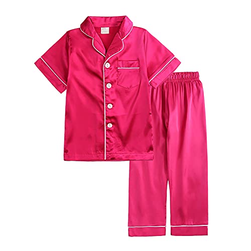 Verve Jelly Mädchen-Pyjama mit Knopfleiste kurzärmlig Hemd und Hose mit Kragen Sommer-Pyjama für Mädchen-Nachtwäsche 130 Stil A Rosenrot 6–7 Jahre von Verve Jelly