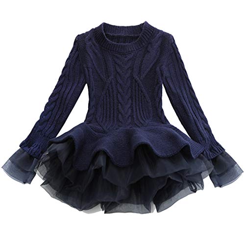 Verve Jelly Mädchen Winterpullover Kleid Langarm Herbst Winter Strickpullover Weihnachtskleid Casual Wear Strickwaren Kleidung Navy Blau, 110,2-3 Jahre von Verve Jelly