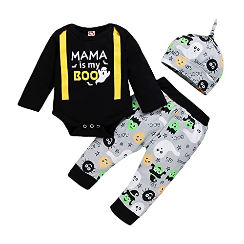 Verve Jelly Mama is My Boo Outfit Kleinkind Baby Jungen Gentleman Strampler Overall Geisterdruck Hose mit Hut Halloween Kleidung Sets Schwarz1 100 12-18 Monate von Verve Jelly