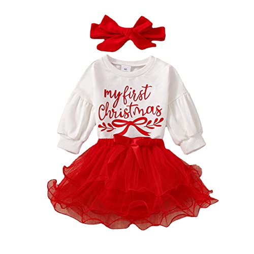 Verve Jelly Mein erstes Weihnachten Rock Sets Langarm Brief Strampler Bodysuit Tutu Röcke mit Bowknot Stirnband 3Pcs Xmas Kleidung Outfits 80 Weiß 6-12 Monate von Verve Jelly