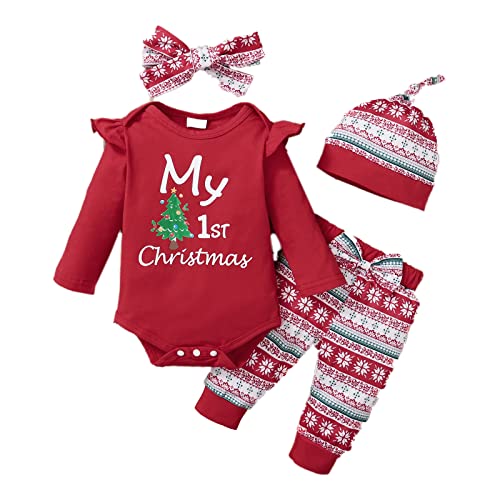 Verve Jelly My 1st Christmas Baby Girl Outfits Christmas Tree Letter Print Strampler Langarm Body Lange Hose Stirnband Hut Herbstkleidung 4er Set Rot 9-12 Monate von Verve Jelly