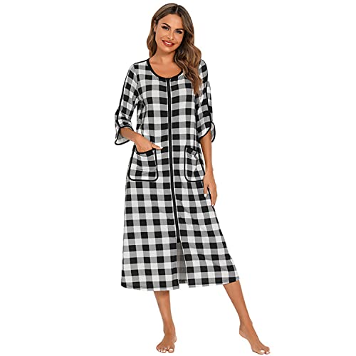 Verve Jelly Nachthemd Damen Nachtwäsche Kurzarm Nachthemd Schlafkleid Comfy Plaid Sleepshirts with Pocket Kariertes Schwarz L von Verve Jelly