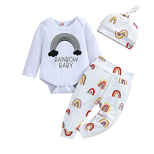 Verve Jelly Neugeborenes Baby Mädchen Herbst Winter Kleidung Set Langarm Strampler Body Regenbogen Baby Brief Print Tops Regenbogen Lange Hosen mit Hut Outfits Set Regenbogen A 80 6-12 Monate von Verve Jelly