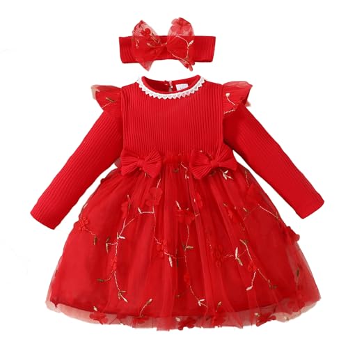Verve Jelly Neugeborenes Baby Mädchen Herbst Winterkleid Solides Rüschenkleid Geripptes Strickkleid Prinzessin Partyrock Outfit Set mit Stirnband Rot 6–9 Monate von Verve Jelly