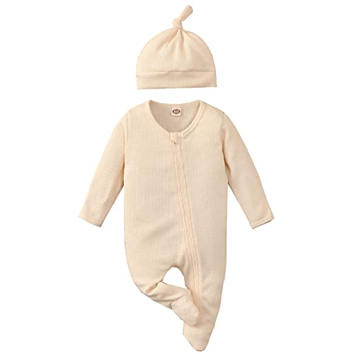 Verve Jelly Neugeborenes Baby Mädchen Junge Reißverschluss mit Fuß gestrickt Waffelmuster einteilig Overall Hose mit Hut Herbst Winter Kleidung Outfit, 60, Beige, 0–3 Monate von Verve Jelly